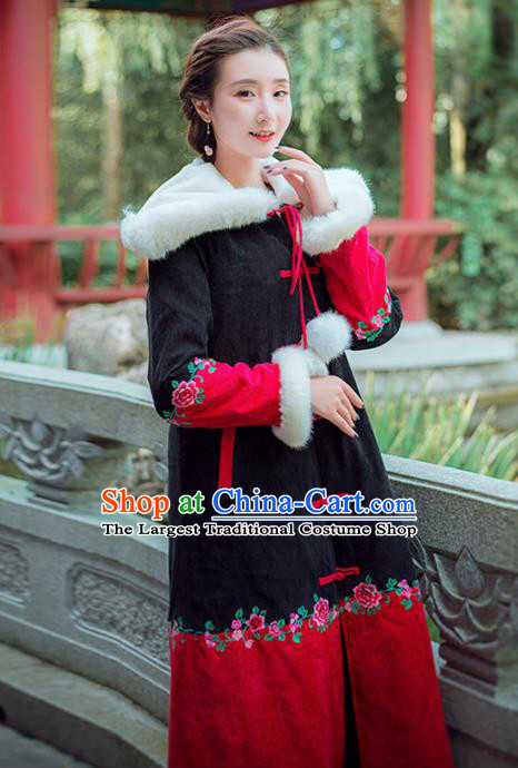 Chinese Traditional Winter Embroidered Hooded Cotton Padded Coat National Tang Suit Overcoat Costumes for Women