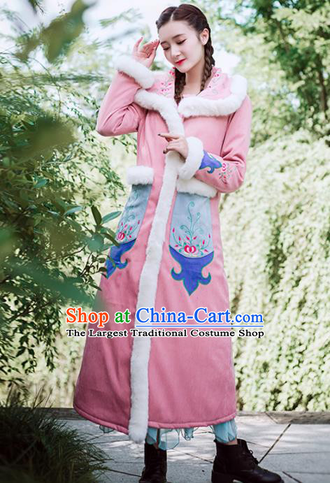 Chinese Traditional Winter Embroidered Pink Cotton Padded Coat National Tang Suit Overcoat Costumes for Women