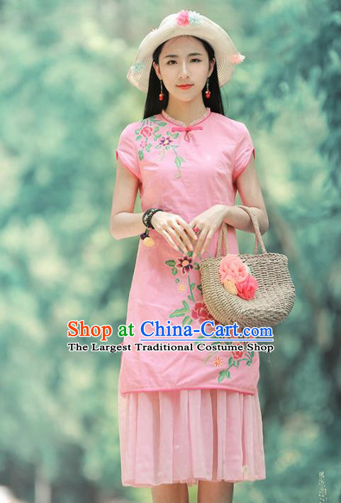 Chinese Traditional Embroidered Peony Pink Qipao Dress National Tang Suit Cheongsam Costumes for Women