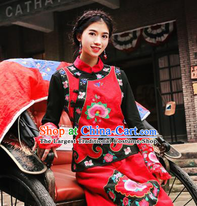 Chinese Traditional Embroidered Red Vest National Upper Outer Garment Tang Suit Costume for Women