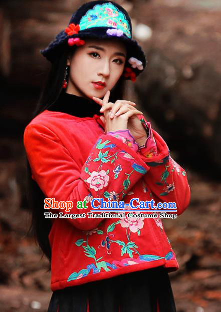 Chinese Traditional Winter Embroidered Red Cotton Padded Jacket National Tang Suit Overcoat Costumes for Women