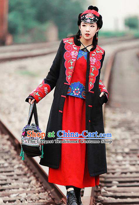 Chinese Traditional Winter Embroidered Black Cotton Padded Coat National Tang Suit Overcoat Costumes for Women