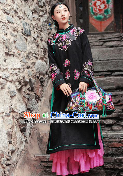 Chinese Traditional Winter Embroidered Black Cotton Padded Coat National Tang Suit Overcoat Costumes for Women