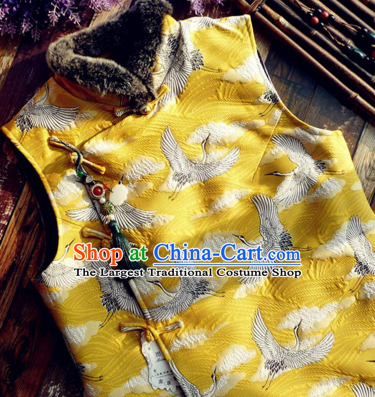 Chinese Traditional Embroidered Crane Yellow Waistcoat National Upper Outer Garment Tang Suit Vest Costume for Women