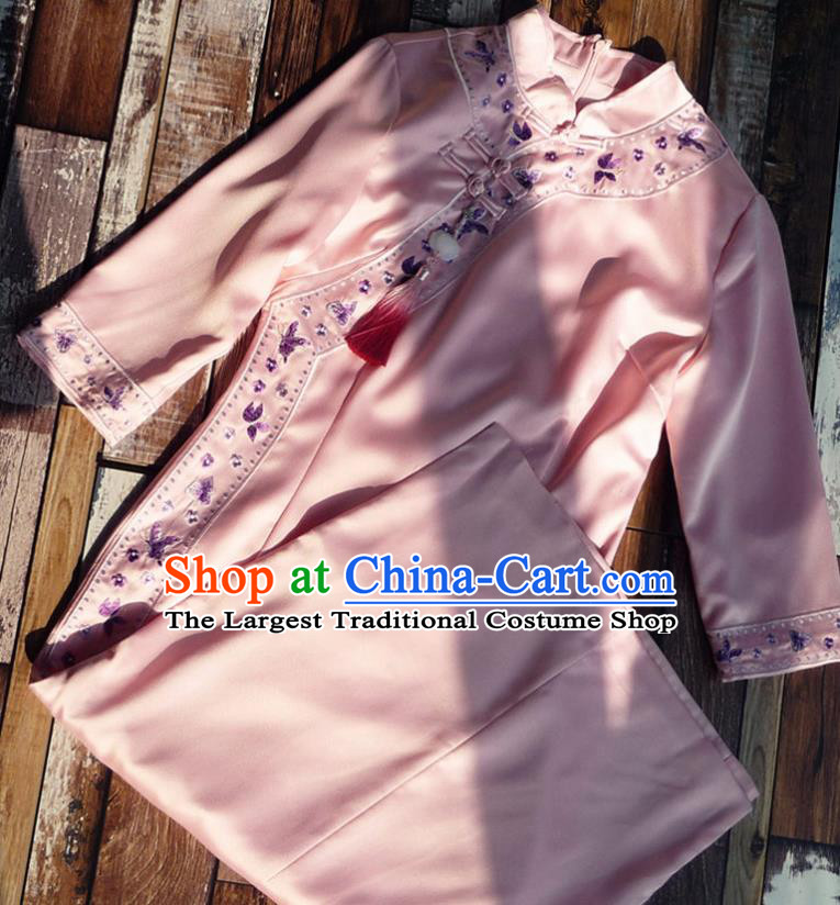 Chinese Traditional Embroidered Pink Qipao Dress National Tang Suit Cheongsam Costumes for Women