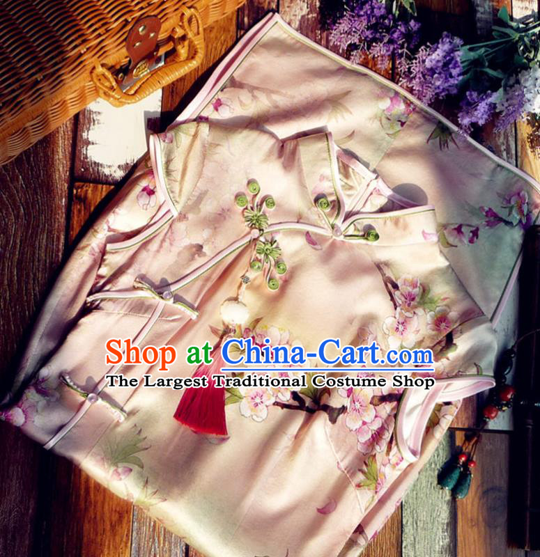 Chinese Traditional Printing Peach Blossom Pink Silk Qipao Dress National Tang Suit Cheongsam Costumes for Women