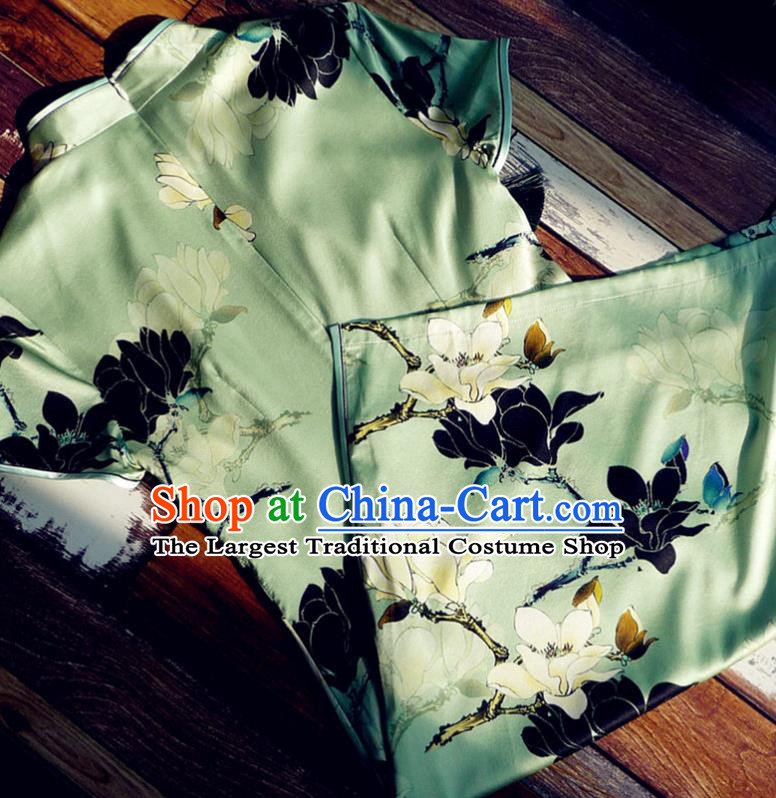 Chinese Traditional Printing Magnolia Green Silk Qipao Dress National Tang Suit Cheongsam Costumes for Women