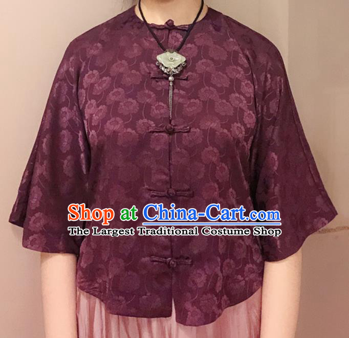 Chinese Traditional Jacquard Purple Shirt National Upper Outer Garment Tang Suit Blouse Costume for Women