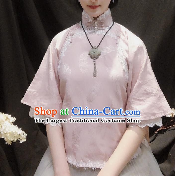 Chinese Traditional Tang Suit Pink Lace Shirt National Upper Outer Garment Blouse Costume for Women