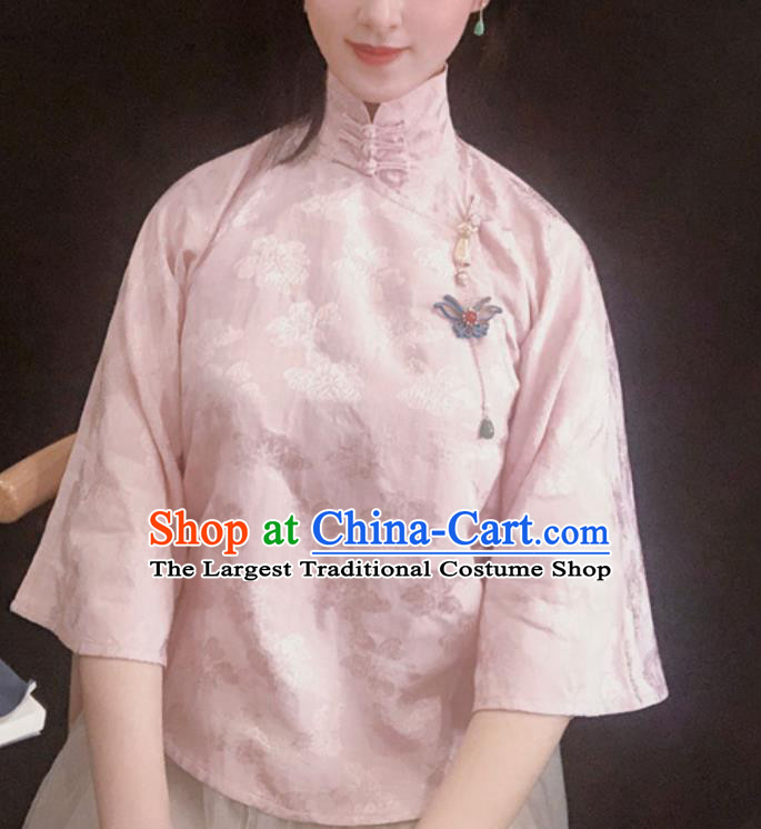 Chinese Traditional Tang Suit Pink Stand Collar Shirt National Upper Outer Garment Blouse Costume for Women