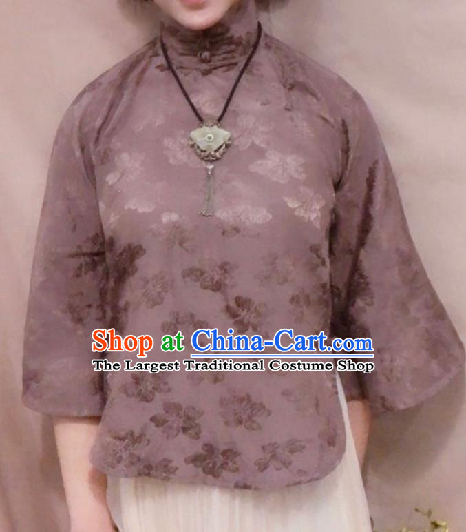 Chinese Traditional Tang Suit Deep Purple Stand Collar Shirt National Upper Outer Garment Blouse Costume for Women