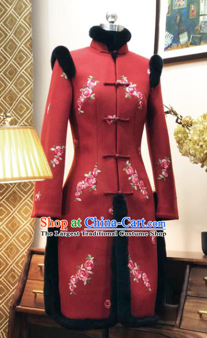 Chinese Traditional Winter Embroidered Red Cotton Padded Coat National Tang Suit Overcoat Costumes for Women