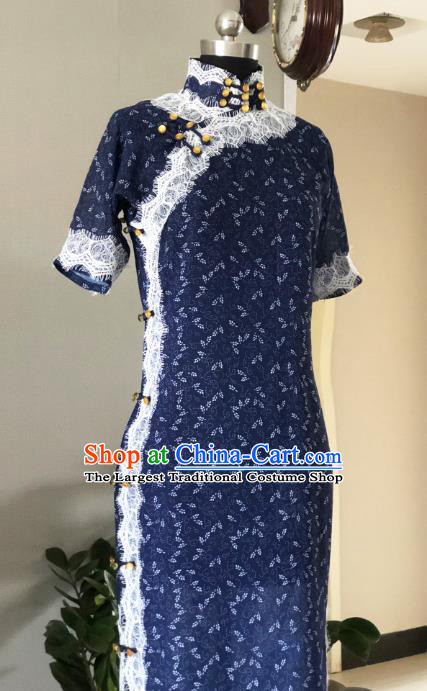 Chinese Traditional Navy Qipao Dress National Tang Suit Cheongsam Costumes for Women