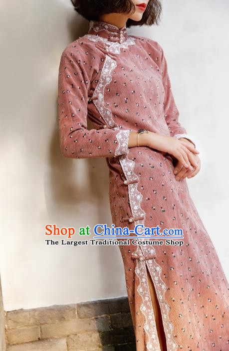 Chinese Traditional Pink Corduroy Qipao Dress National Tang Suit Cheongsam Costumes for Women