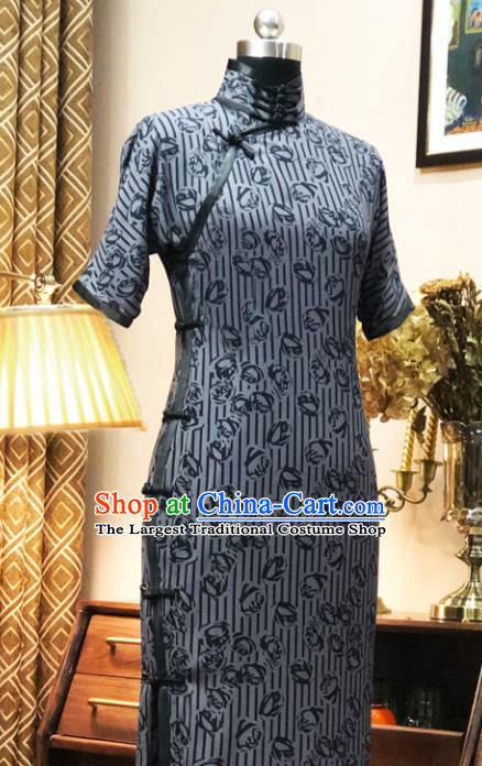 Chinese Traditional Printing Grey Qipao Dress National Tang Suit Cheongsam Costumes for Women