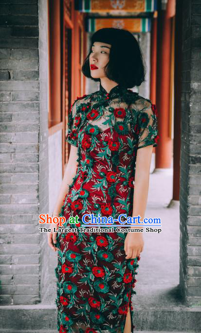 Chinese Traditional Embroidered Purplish Red Qipao Dress National Tang Suit Cheongsam Costumes for Women