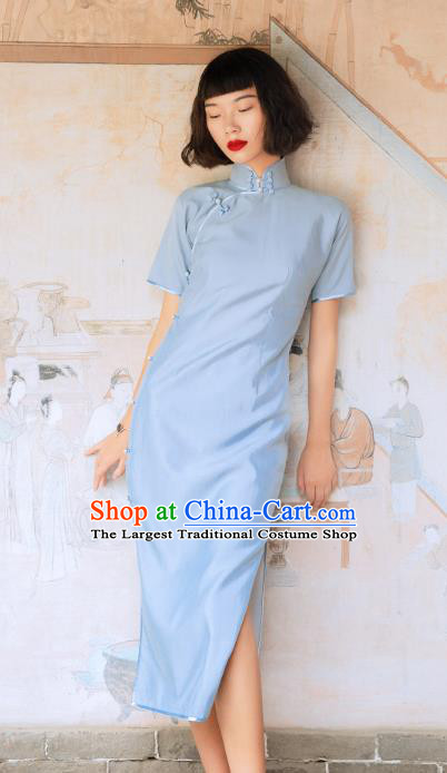 Chinese Traditional Blue Yarn Qipao Dress National Tang Suit Cheongsam Costumes for Women