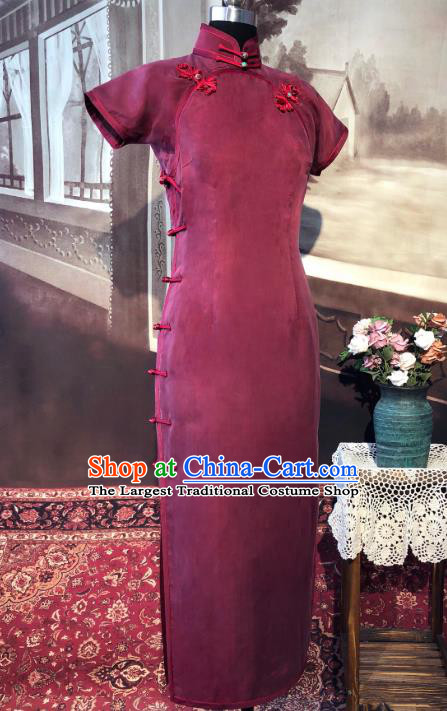 Chinese Traditional Wine Red Qipao Dress National Tang Suit Cheongsam Costumes for Women