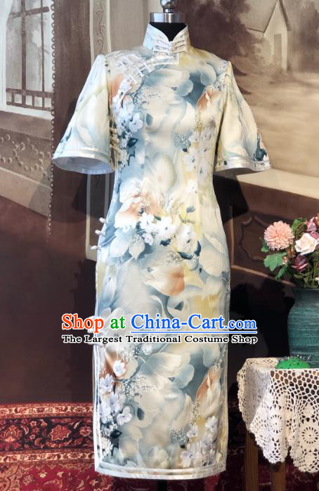 Chinese Traditional Printing Flowers Silk Qipao Dress National Tang Suit Cheongsam Costumes for Women