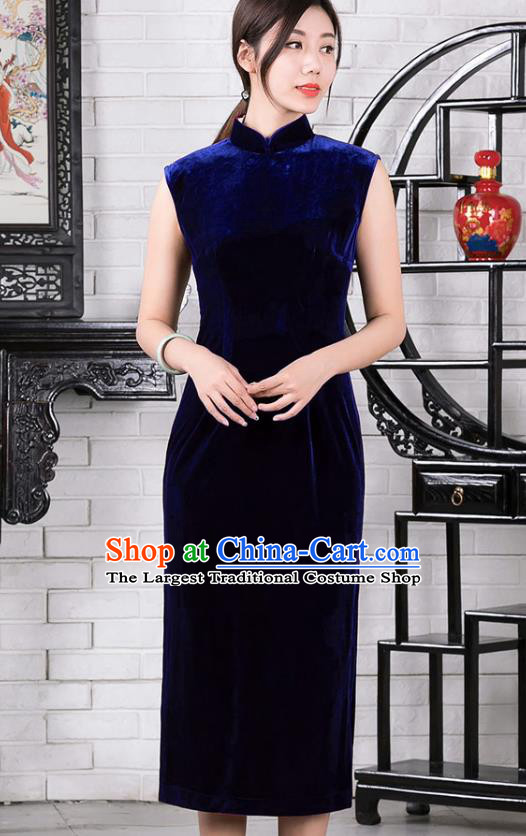 Chinese Traditional Royalblue Velvet Sleeveless Qipao Dress National Tang Suit Cheongsam Costumes for Women