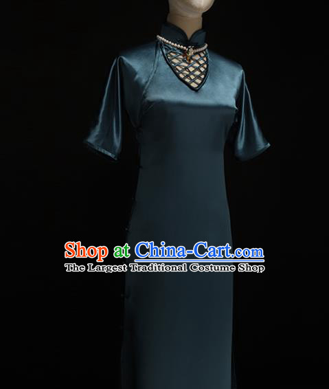 Chinese Traditional Peacock Blue Silk Qipao Dress National Tang Suit Cheongsam Costumes for Women