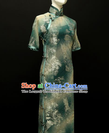 Chinese Traditional Green Fiber Qipao Dress National Tang Suit Cheongsam Costumes for Women