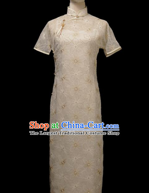 Chinese Traditional White Plated Buttons Qipao Dress National Tang Suit Cheongsam Costumes for Women