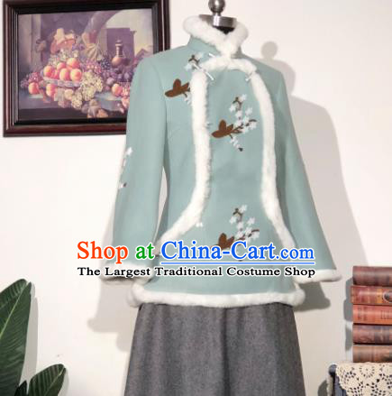 Chinese Traditional Winter Light Green Woolen Coat National Tang Suit Overcoat Costumes for Women