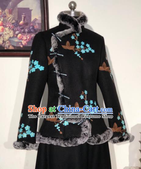 Chinese Traditional Winter Black Woolen Coat National Tang Suit Overcoat Costumes for Women