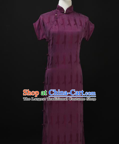 Chinese Traditional Purple Silk Long Qipao Dress National Tang Suit Cheongsam Costumes for Women