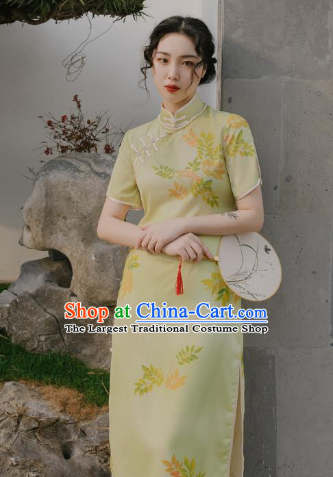 Chinese Traditional Retro Yellow Qipao Dress National Tang Suit Cheongsam Costumes for Women