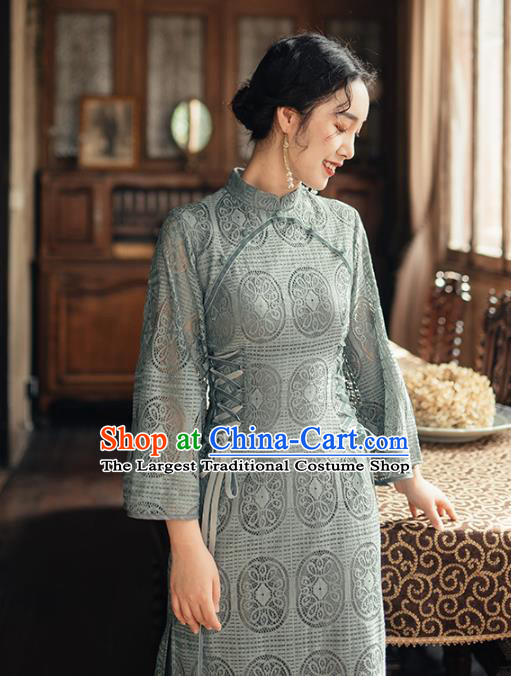 Chinese Traditional Retro Blue Lace Qipao Dress National Tang Suit Cheongsam Costumes for Women