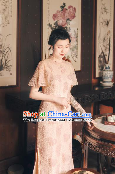 Chinese Traditional Retro Beige Qipao Dress National Tang Suit Cheongsam Costumes for Women