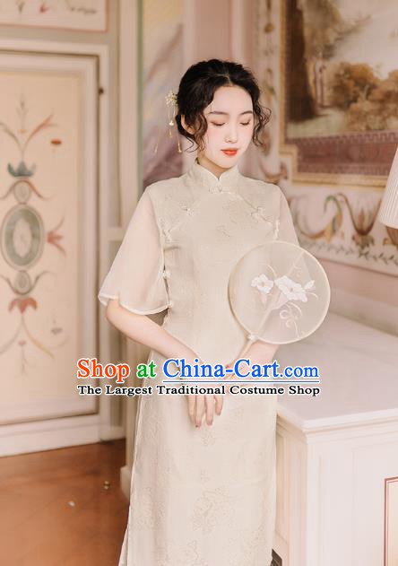 Chinese Traditional Retro Qipao Dress National Tang Suit Beige Cheongsam Costumes for Women