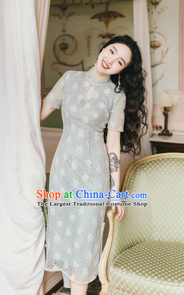 Chinese Traditional Retro Green Lace Qipao Dress National Tang Suit Cheongsam Costumes for Women