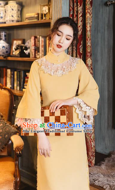 Chinese Traditional Yellow Qipao Dress National Tang Suit Cheongsam Costumes for Women