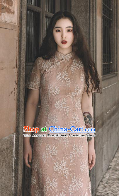 Chinese Traditional Deep Pink Lace Qipao Dress National Tang Suit Cheongsam Costumes for Women