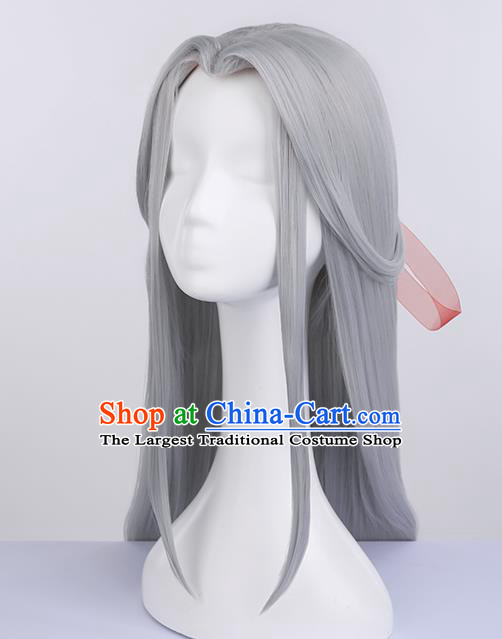 Chinese Traditional Ming Dynasty Taoist Grey Wigs Ancient Swordsman Wig Sheath for Men