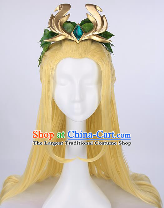 Chinese Traditional Cosplay Fairy Yellow Wigs Ancient Swordsman Wig Sheath for Women