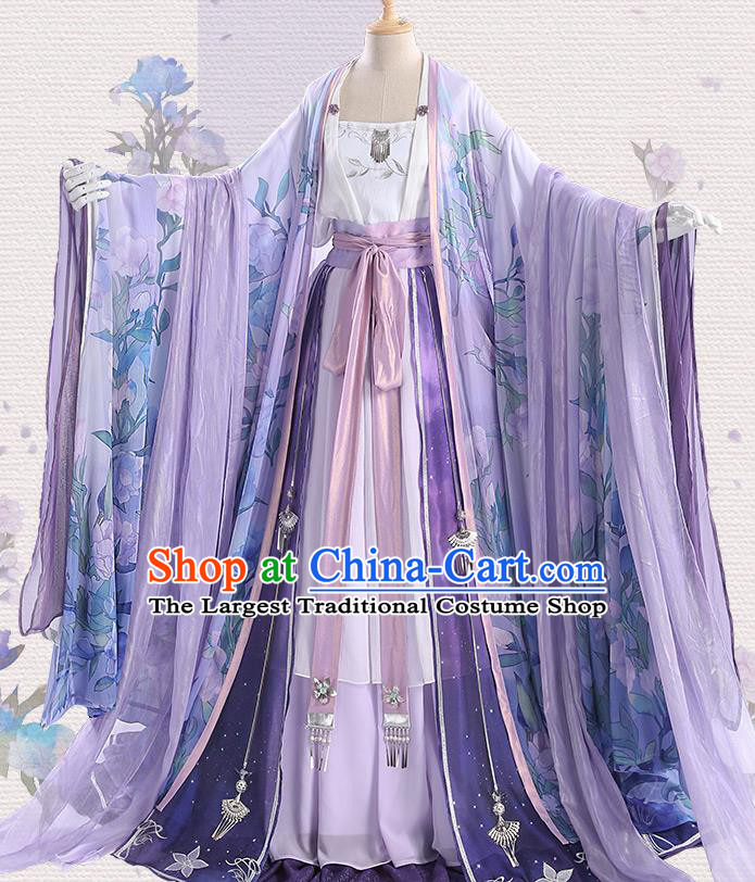 Chinese Traditional Cosplay Goddess Purple Hanfu Dress Ancient Swordswoman Costumes for Women