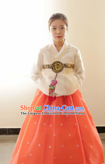 Korean Traditional Bride Hanbok White Blouse and Orange Dress Garment Asian Korea Fashion Costume for Women