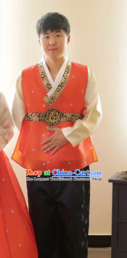 Korean Traditional Orange Vest and Black Pants Hanbok Asian Korea Bridegroom Fashion Costume for Men