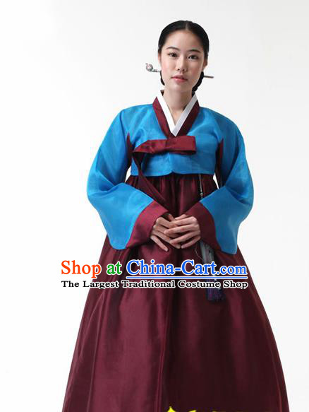 Korean Traditional Court Hanbok Blue Blouse and Purplish Red Dress Garment Asian Korea Fashion Costume for Women