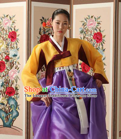 Korean Traditional Court Queen Hanbok Yellow Blouse and Purple Dress Garment Asian Korea Fashion Costume for Women