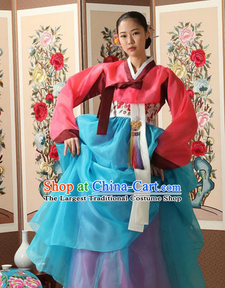 Korean Traditional Court Queen Hanbok Rosy Blouse and Blue Dress Garment Asian Korea Fashion Costume for Women