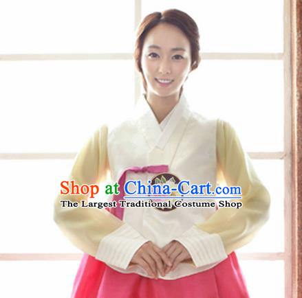 Korean Traditional Dance Hanbok White Vest Blouse and Rosy Dress Garment Asian Korea Fashion Costume for Women