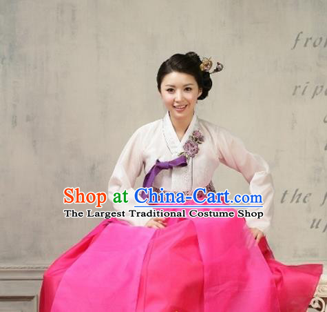 Korean Traditional Dance Hanbok White Blouse and Rosy Dress Garment Asian Korea Fashion Costume for Women