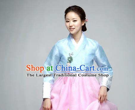 Korean Traditional Dance Hanbok Blue Blouse and Pink Dress Garment Asian Korea Fashion Costume for Women