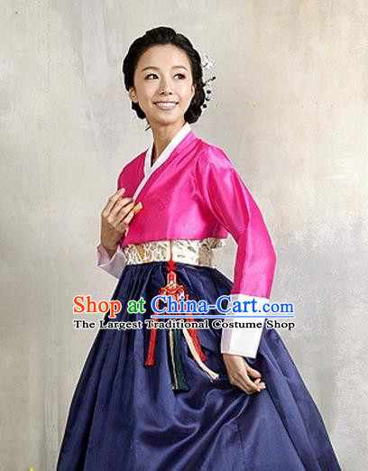 Korean Traditional Court Hanbok Rosy Satin Blouse and Navy Dress Garment Asian Korea Fashion Costume for Women