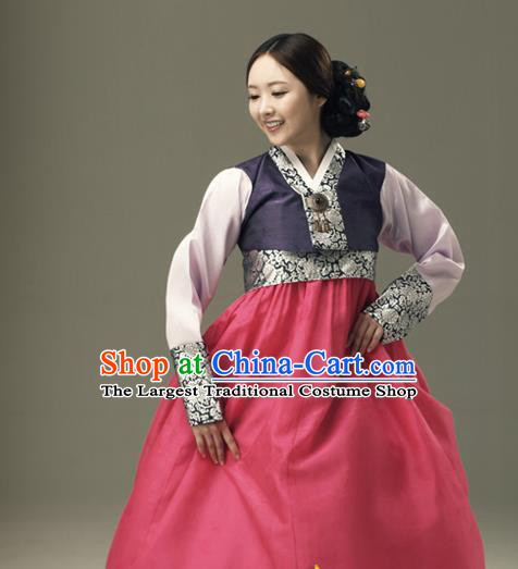 Korean Traditional Court Hanbok Purple Satin Blouse and Rosy Dress Garment Asian Korea Fashion Costume for Women